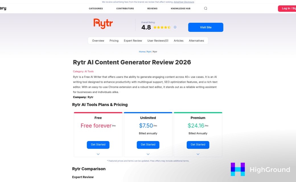 Screenshot of https://sonary.com/b/rytr/rytr+ai-tools/