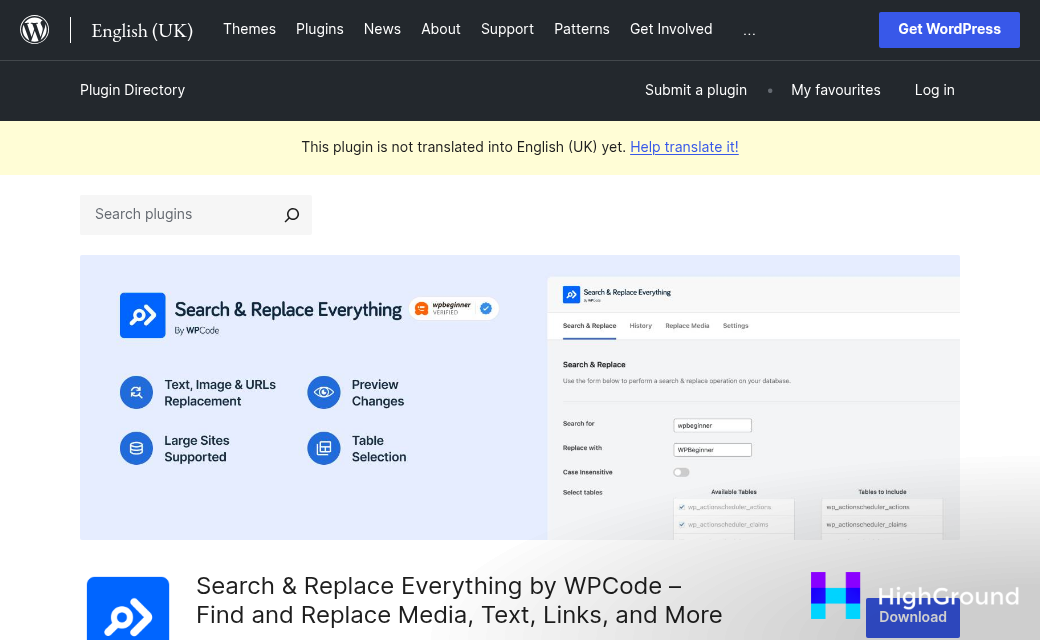 Search and replace plugin settings interface