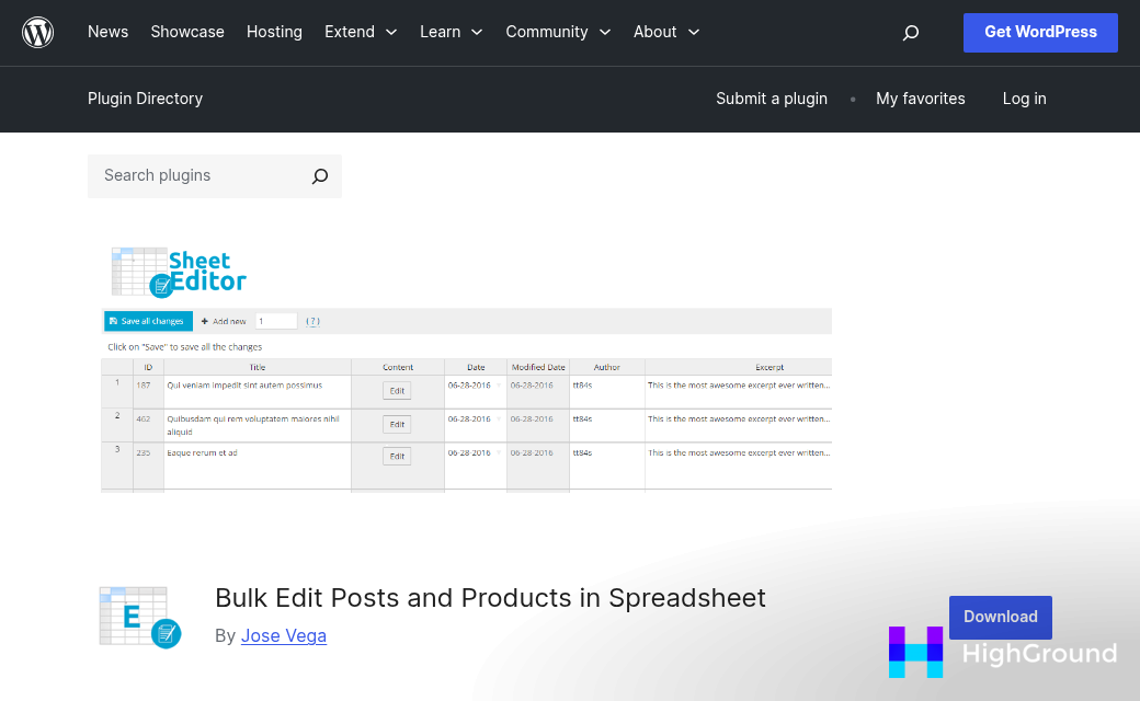 Spreadsheet grid displaying editable WordPress post data