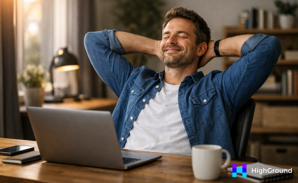 satisfied guy on a laptop that just finished his work for the day