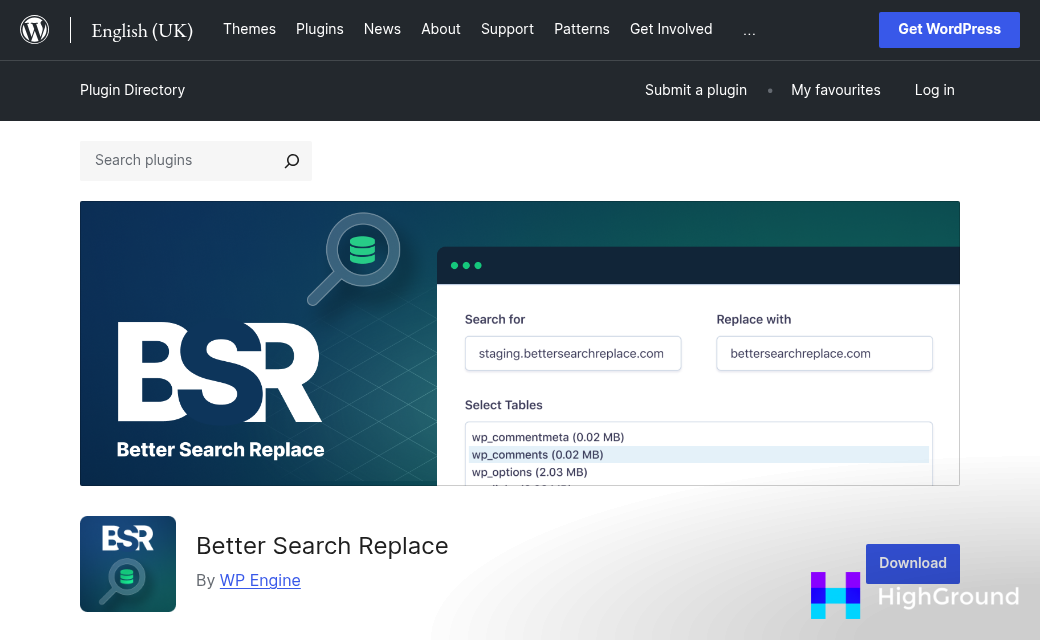 Better Search Replace plugin dashboard interface