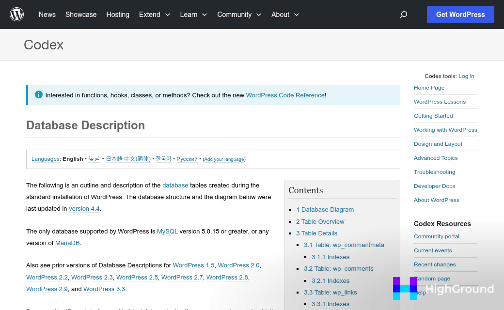 Screenshot of https://codex.wordpress.org/Database_Description
