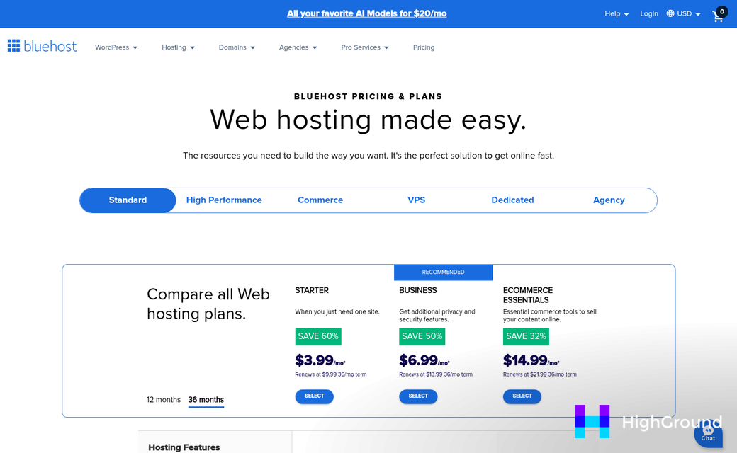WordPress hosting plan pricing comparison table