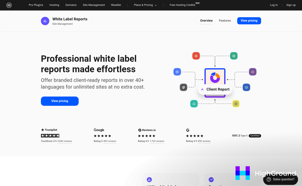 White label client report dashboard interface