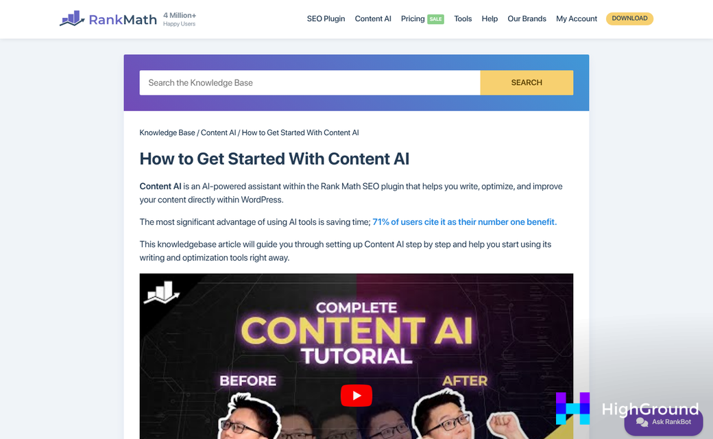 Rank Math Content AI setup dashboard interface