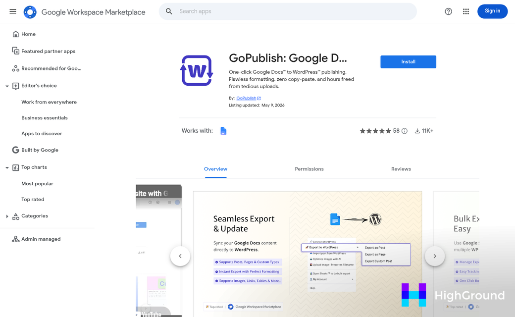 Google Docs connected to WordPress publishing workflow