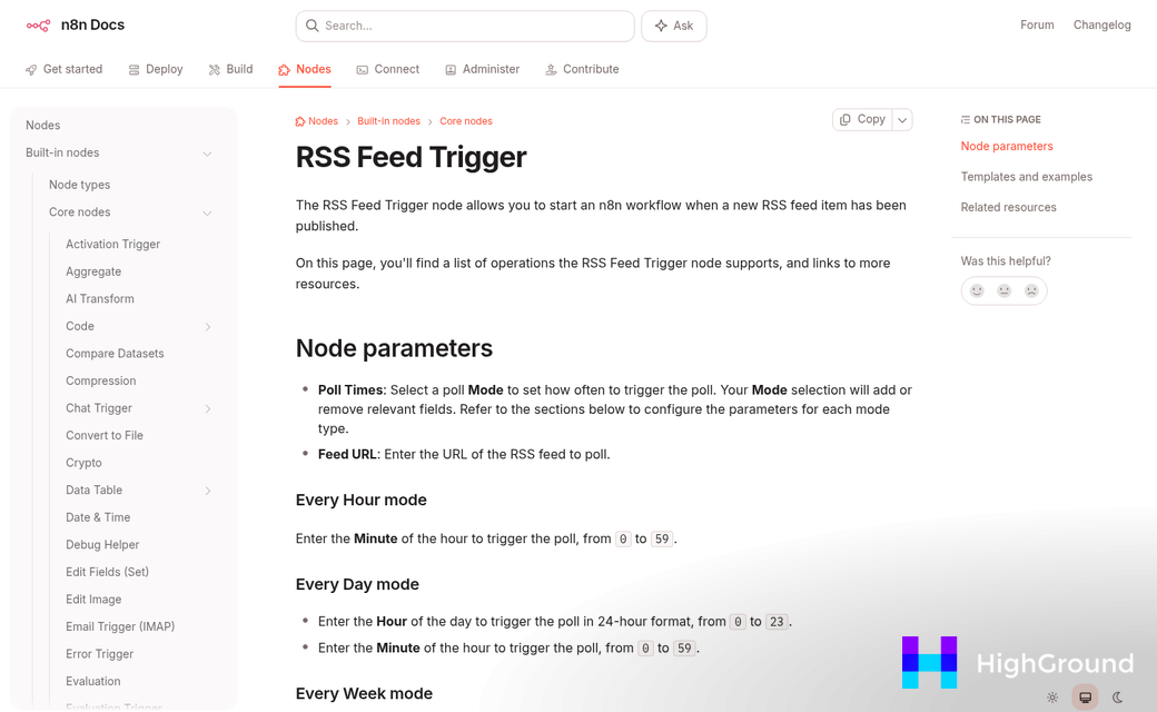 RSS feed module trigger configuration screen