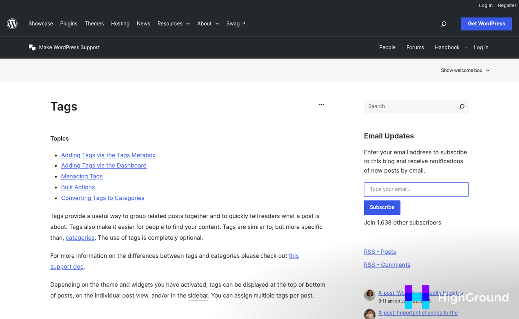 WordPress post tags management dashboard view