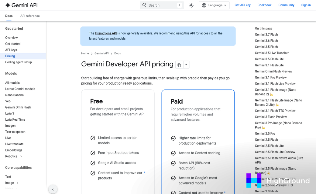 Gemini API pricing tiers comparison chart