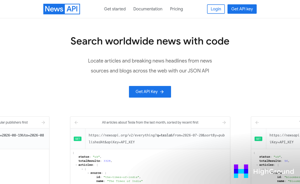NewsAPI dashboard showing live news feed data