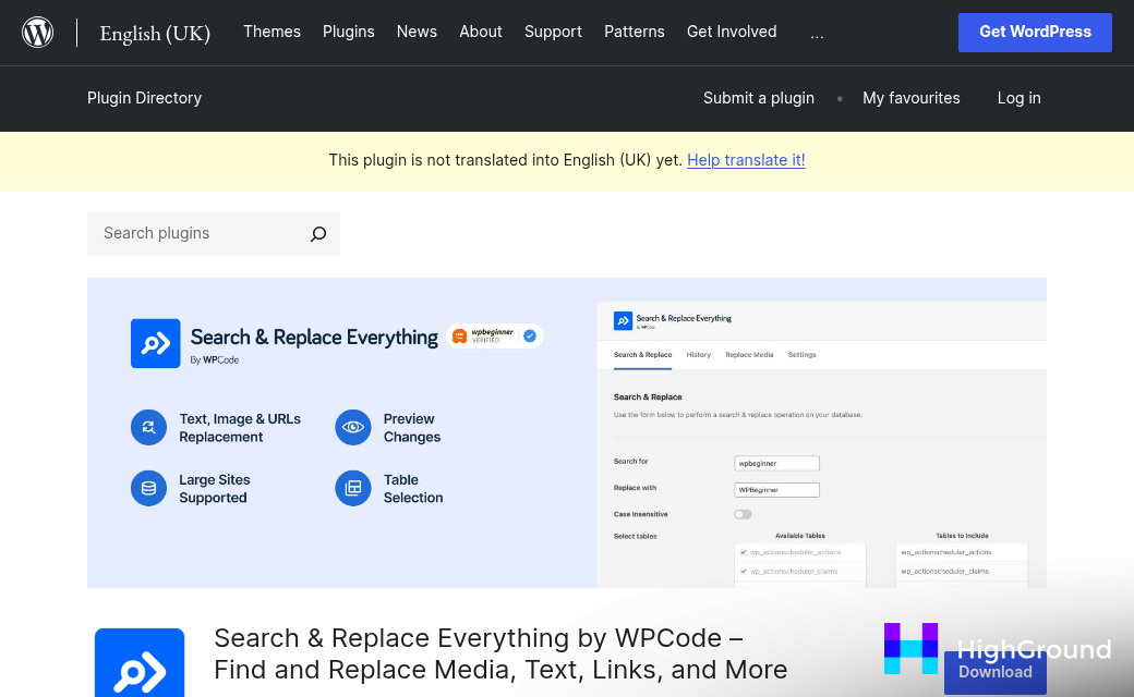 Search and replace plugin settings interface
