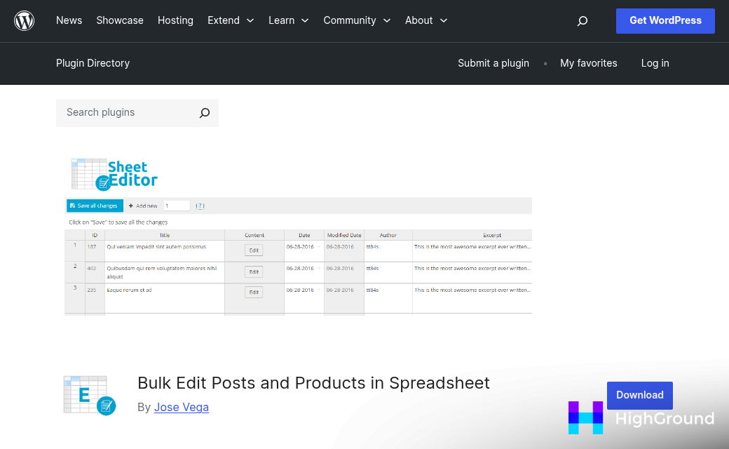 Spreadsheet grid displaying editable WordPress post data