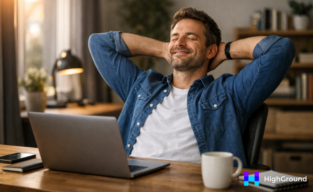 satisfied guy on a laptop that just finished his work for the day