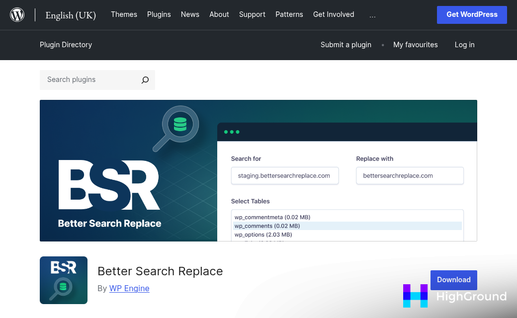 Better Search Replace plugin dashboard interface