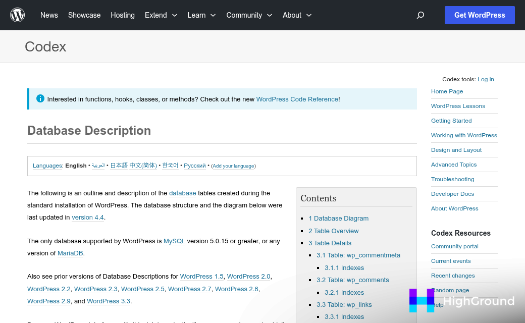 Screenshot of https://codex.wordpress.org/Database_Description